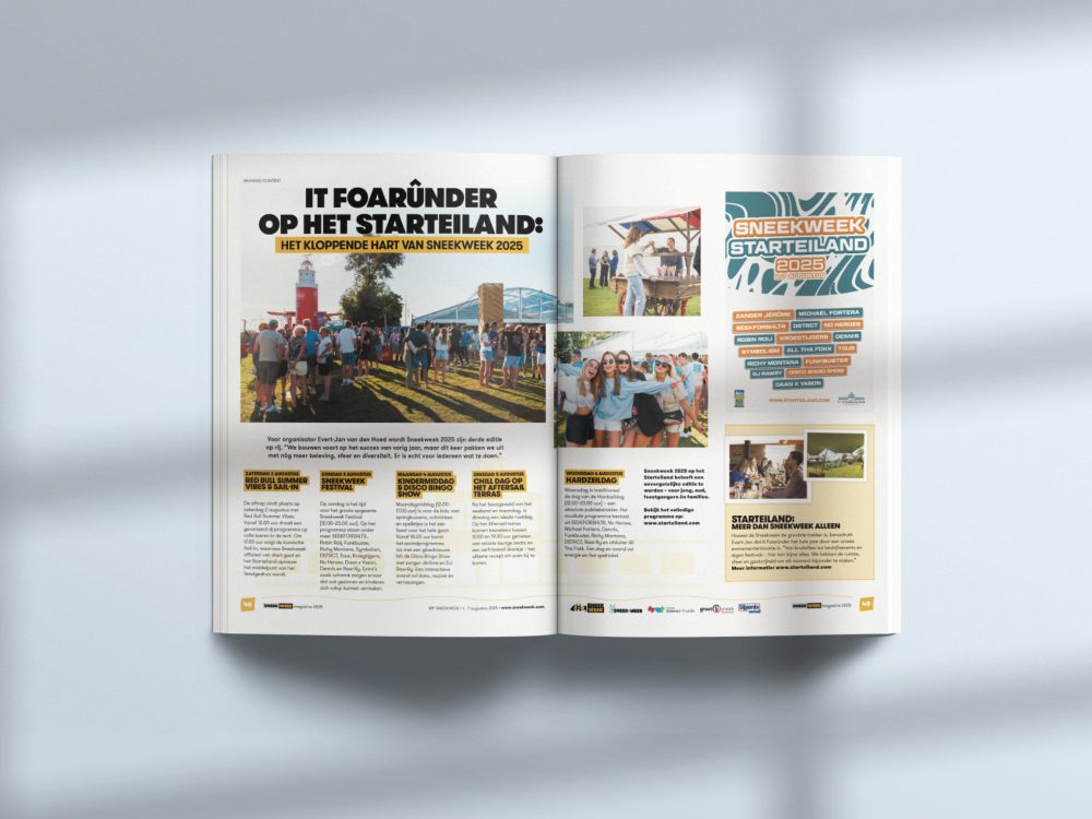 Sneekweek Magazine 2025 – spread Starteiland – Bliidd